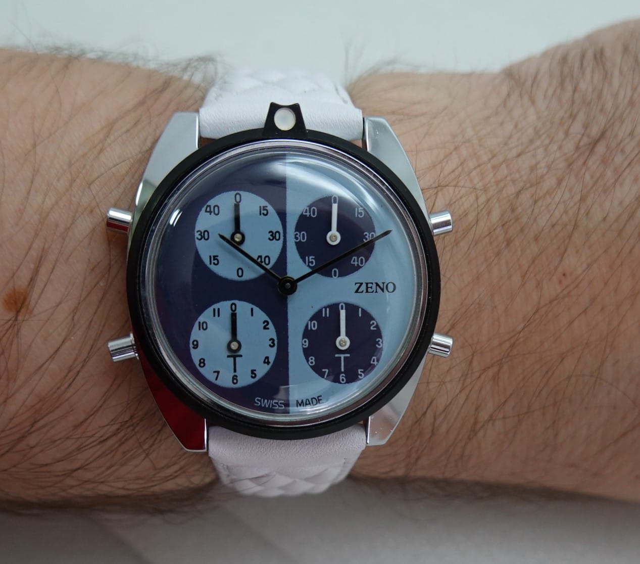 SOLD c1975 Zeno Tennis watch NOS, Blue and Navy dial, black hands - Image 3